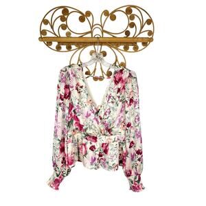 New Express floral faux wrap tie back peplum top L